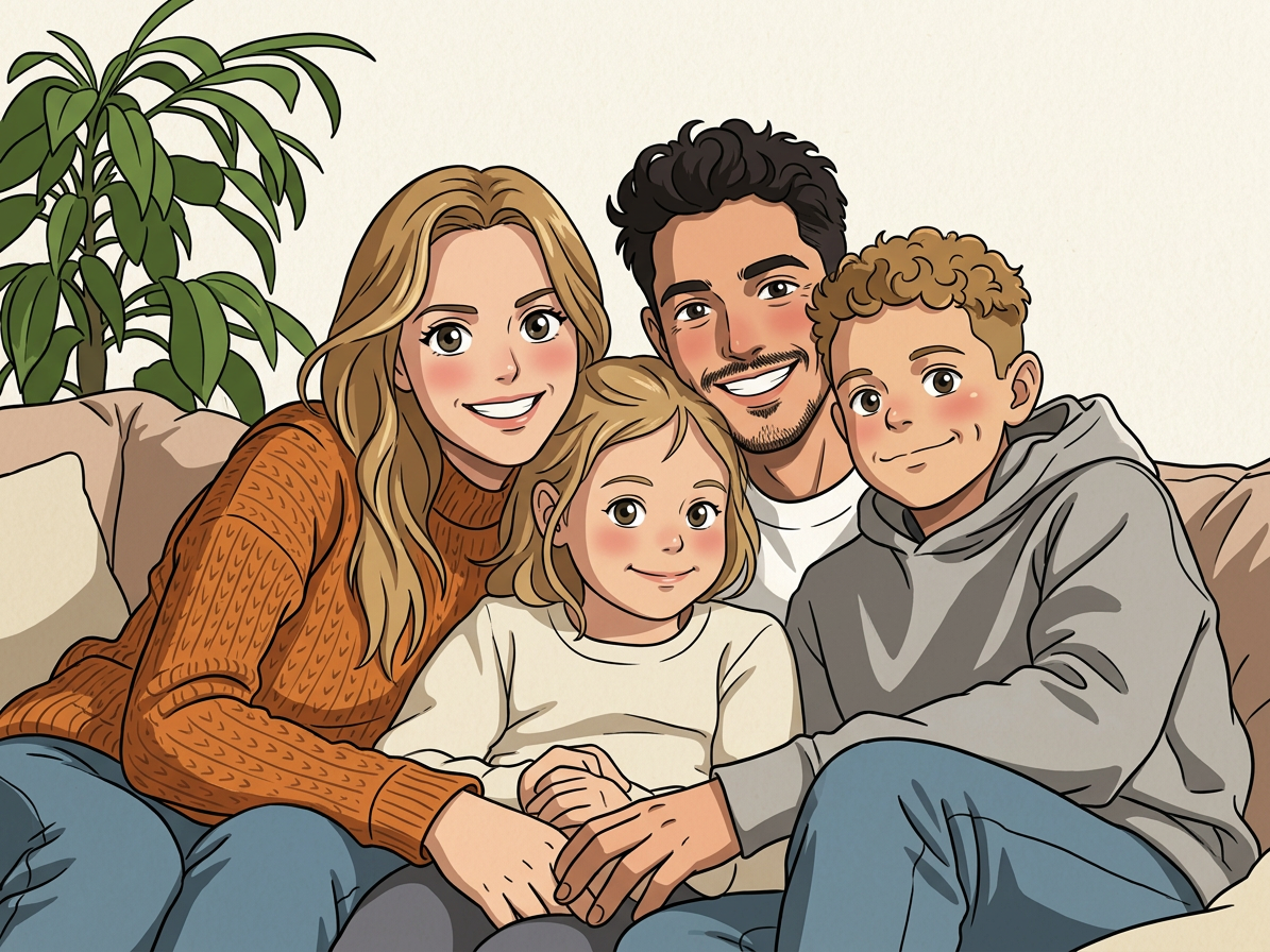 The same family, restyled as a soft kawaii anime illustration.