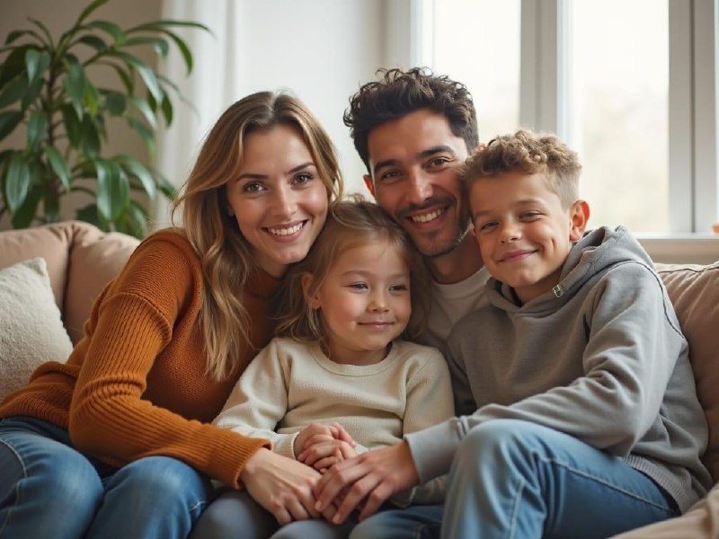 A family of four sitting together on a cream couch, original candid photo.